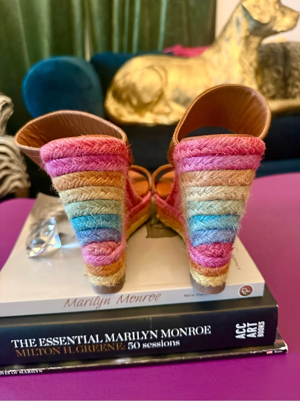 Kurt Geiger Brown Leather Multicolor Espadrille Wedge Sandals